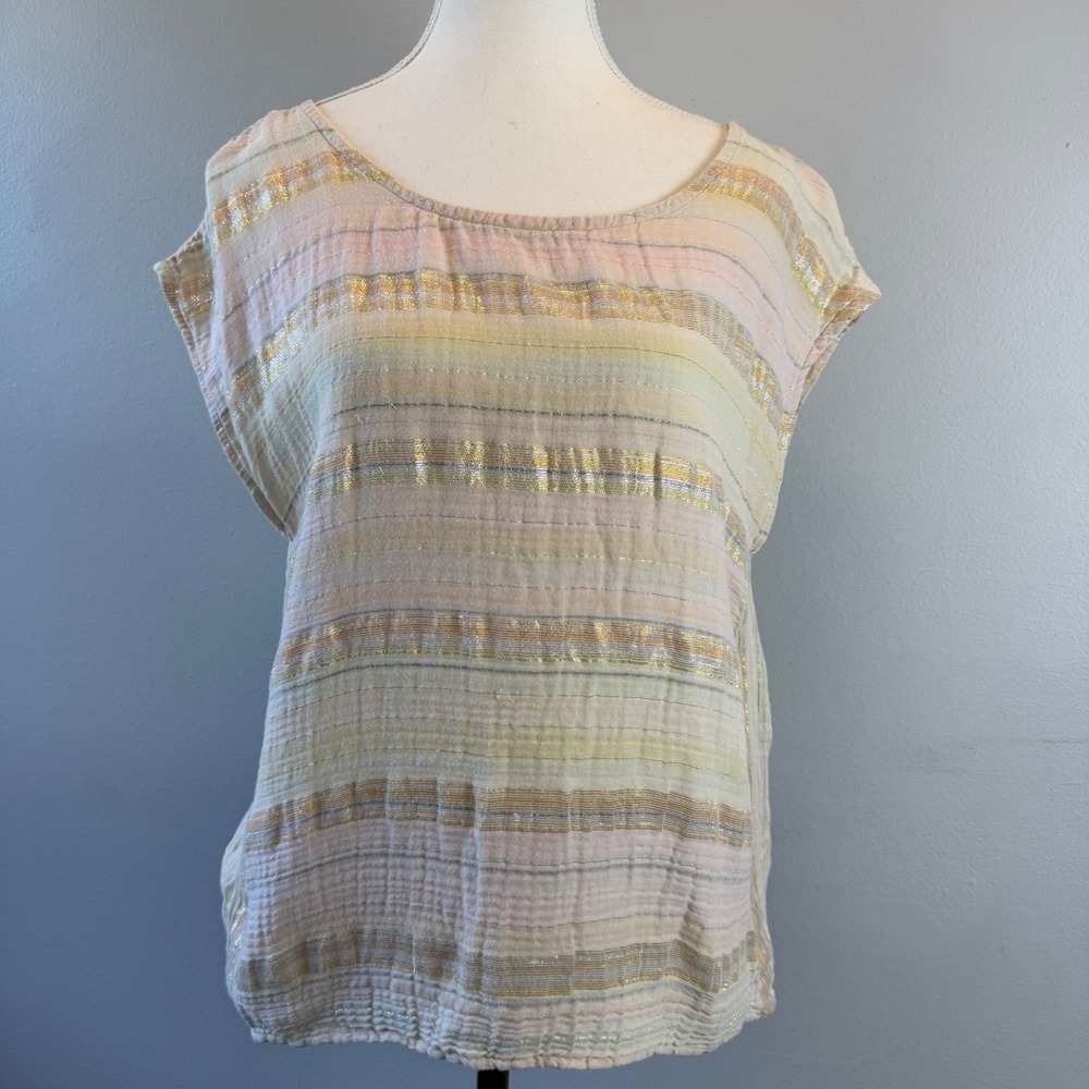 Ace & Jig Gold Pastel Striped Metallic Gold Shimmer Cotton Gauze Button Back Top